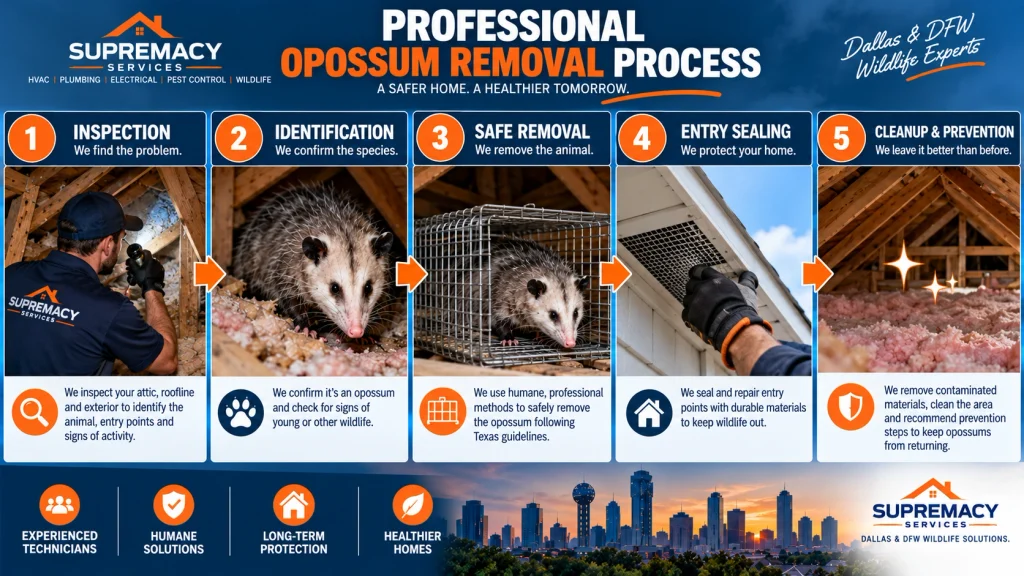 Five-step wildlife removal process from attic inspection through exclusion and cleanup