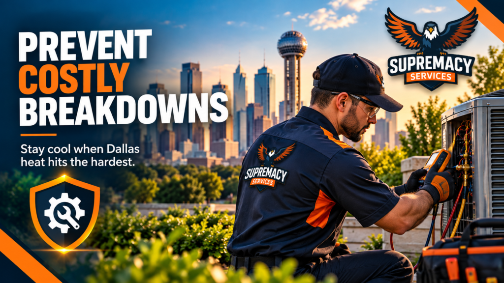 Supremacy Services technician inspecting an outdoor HVAC system in Dallas to prevent costly breakdowns
