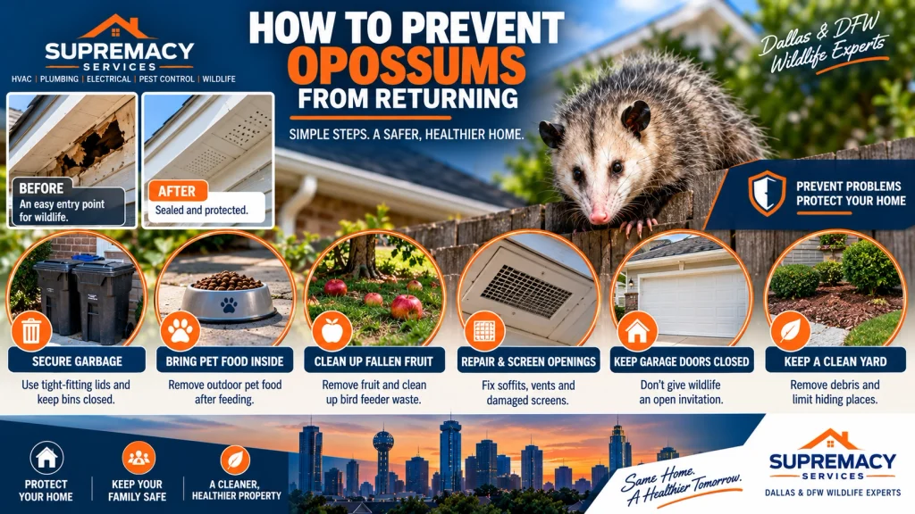Wildlife prevention measures including secured garbage, repaired vents and sealed structural openings