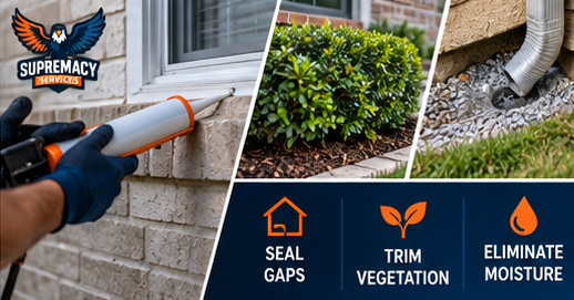Sealing gaps, trimming vegetation and managing moisture around a Dallas home