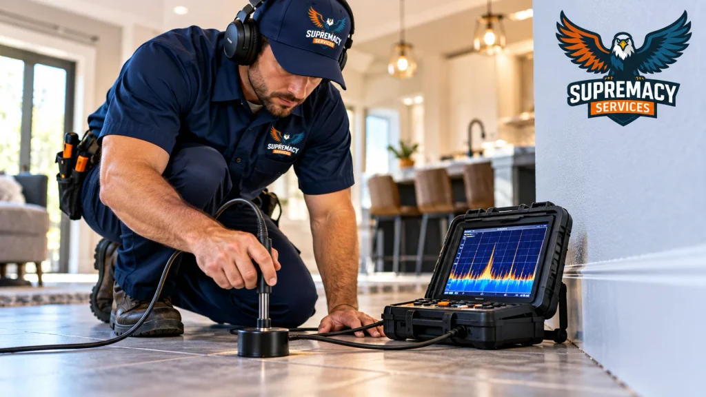 Supremacy Services technician using acoustic equipment to locate a hidden water leak beneath a home's flooring.