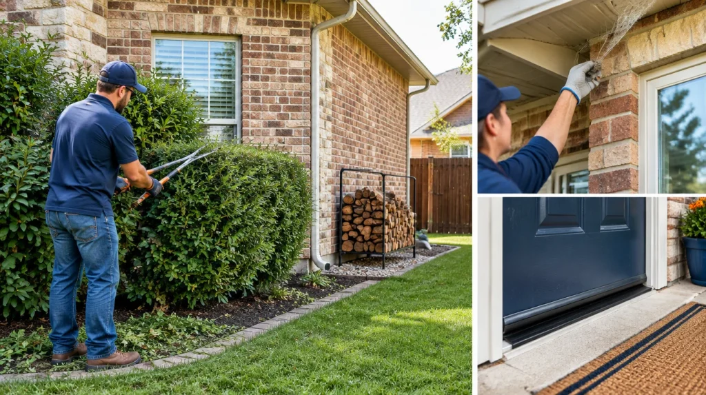 Pest control technician inspecting the exterior of a Dallas home for spiders and pest entry points