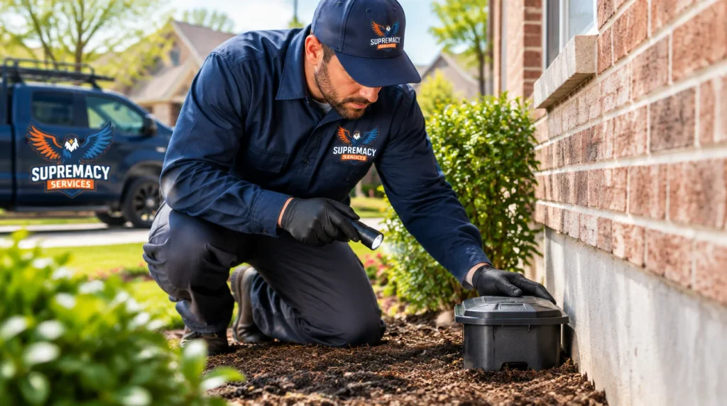 Supremacy Services technician checking a termite monitoring station at a Dallas-area home
