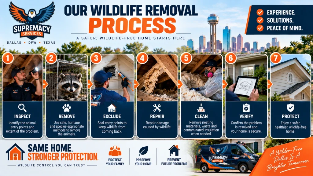 Professional wildlife removal process showing inspection, removal, exclusion, repair, cleanup, verification and prevention