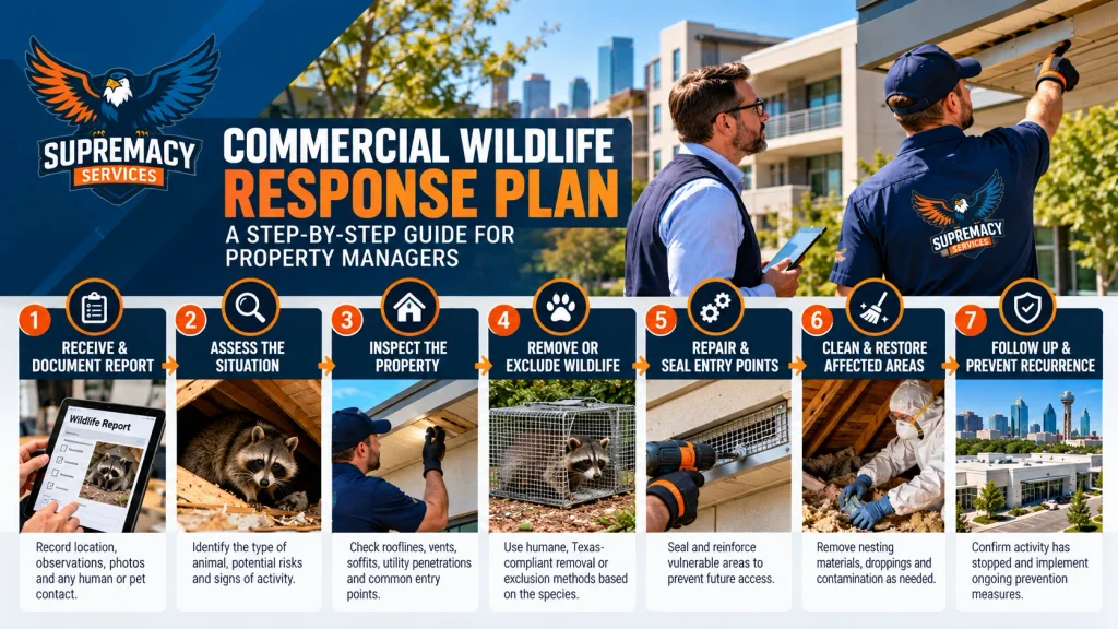 Seven-step commercial wildlife response plan for Dallas property managers