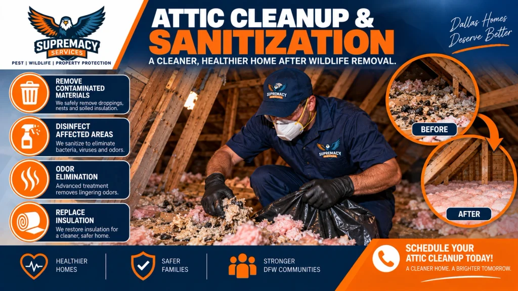 Wildlife technician inspecting contaminated insulation and raccoon damage in an attic