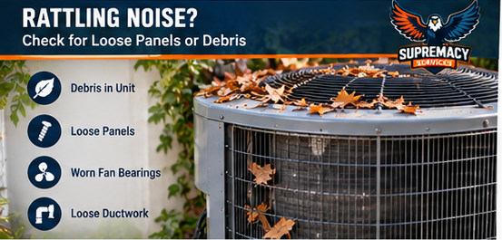 Outdoor AC condenser with debris and loose components that can cause rattling noises