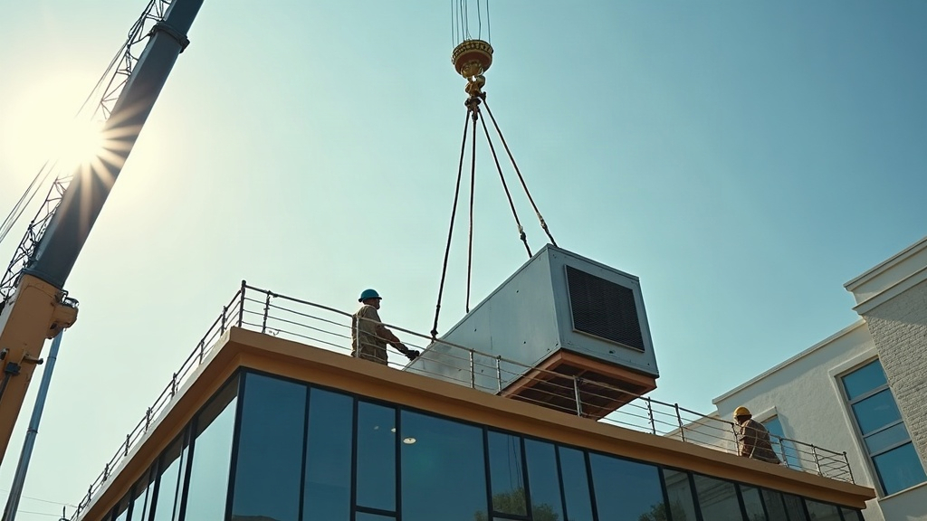Crane lifting a rooftop HVAC unit for installation in Dallas