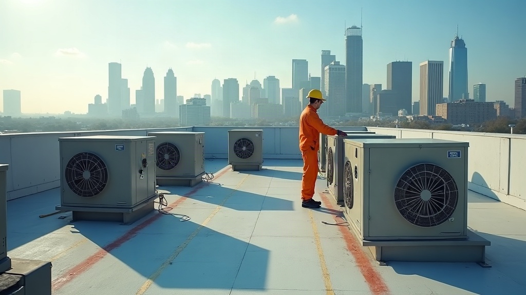 Technician inspecting rooftop AC units in Dallas