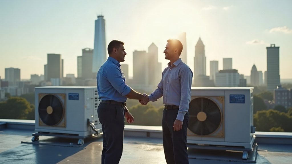 Business owner and HVAC contractor on a Dallas rooftop with new AC unit