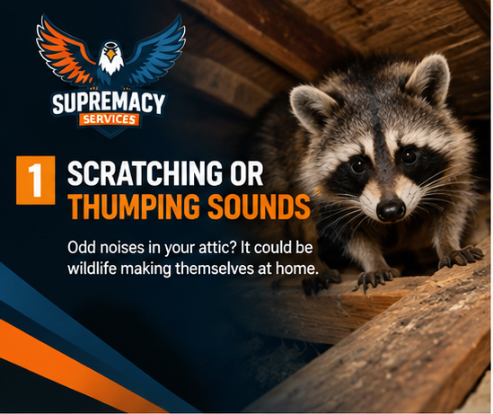 Raccoon inside an attic showing signs of wildlife activity and scratching sounds