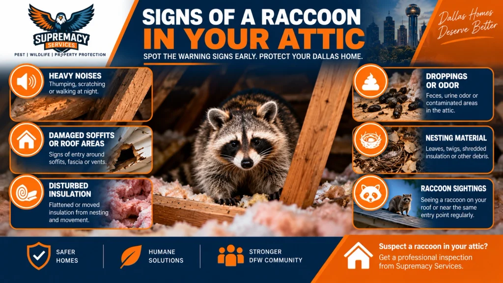 Attic showing raccoon tracks, disturbed insulation, droppings and damaged soffit