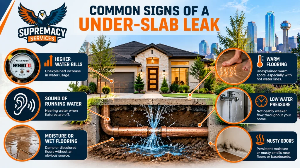 Infographic showing higher water bills, running-water sounds, wet flooring, warm floors, low pressure and musty odors as possible leak signs.