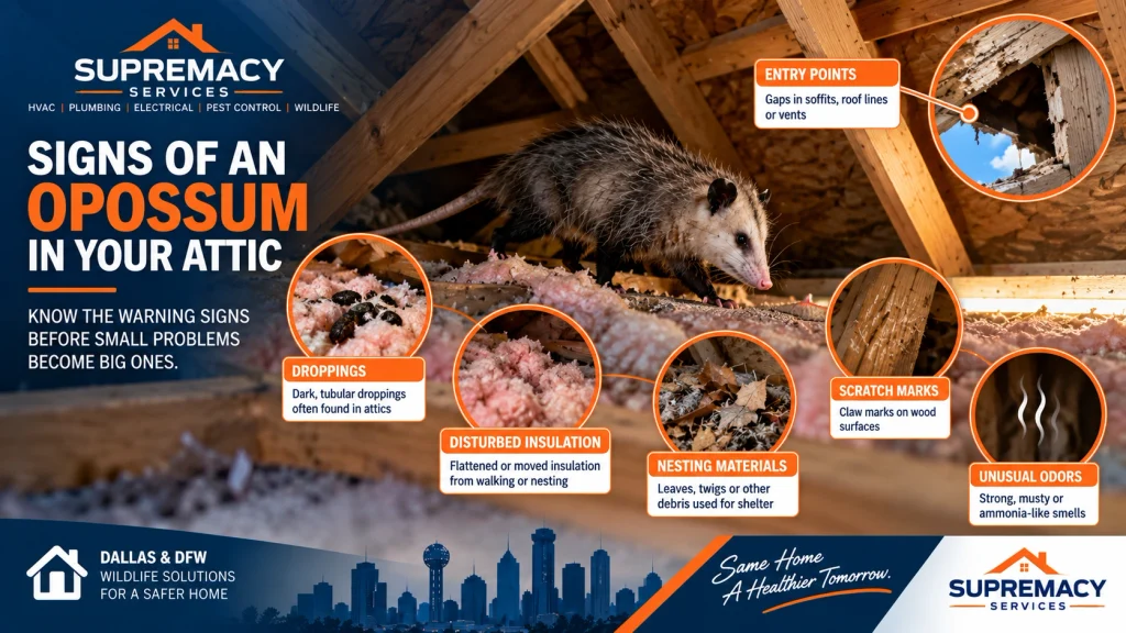 Disturbed attic insulation, wildlife droppings and an exterior opening indicating possible opossum activity