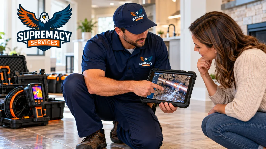 Supremacy Services technician explaining under-slab leak detection findings and repair options to a homeowner.