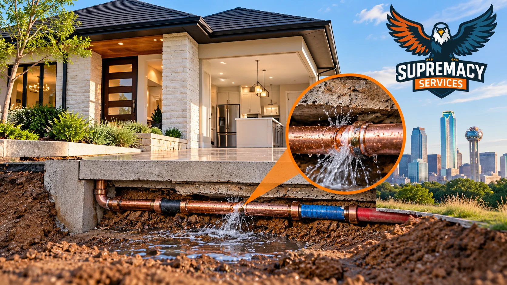 Cutaway of a Dallas home showing a leaking water pipe beneath the concrete slab foundation