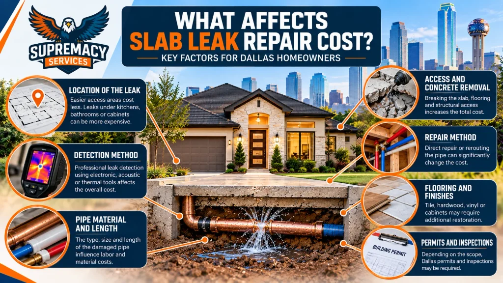 Infographic showing leak location, detection, pipe material, concrete access, repair method, flooring and permits as slab leak cost factors.