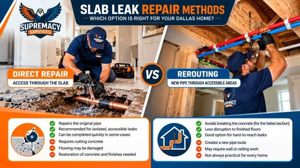 Comparison of direct slab access and pipe rerouting methods for repairing an under-slab plumbing leak.