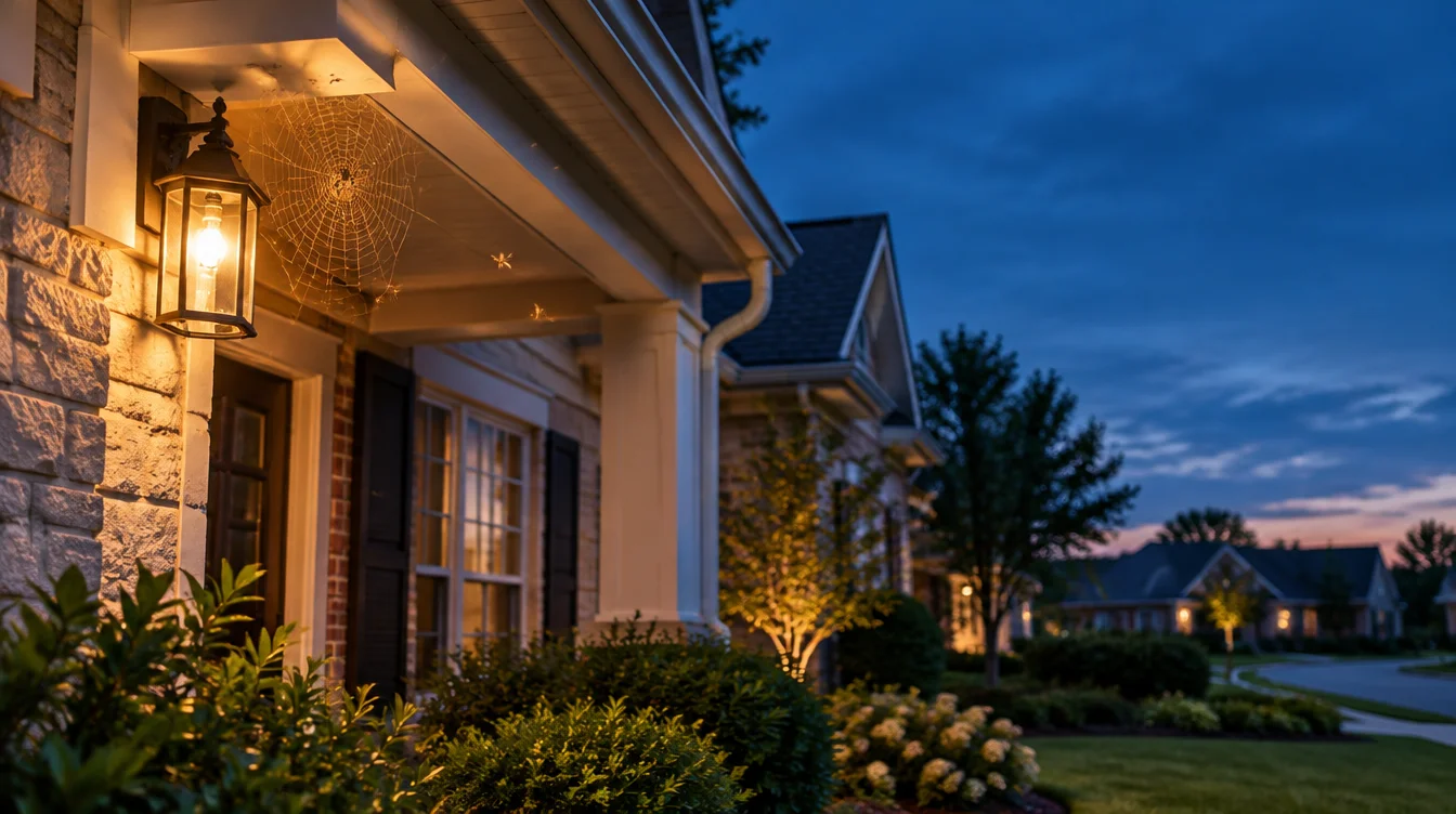 Spider web near the porch of a Dallas home with exterior lights attracting insects