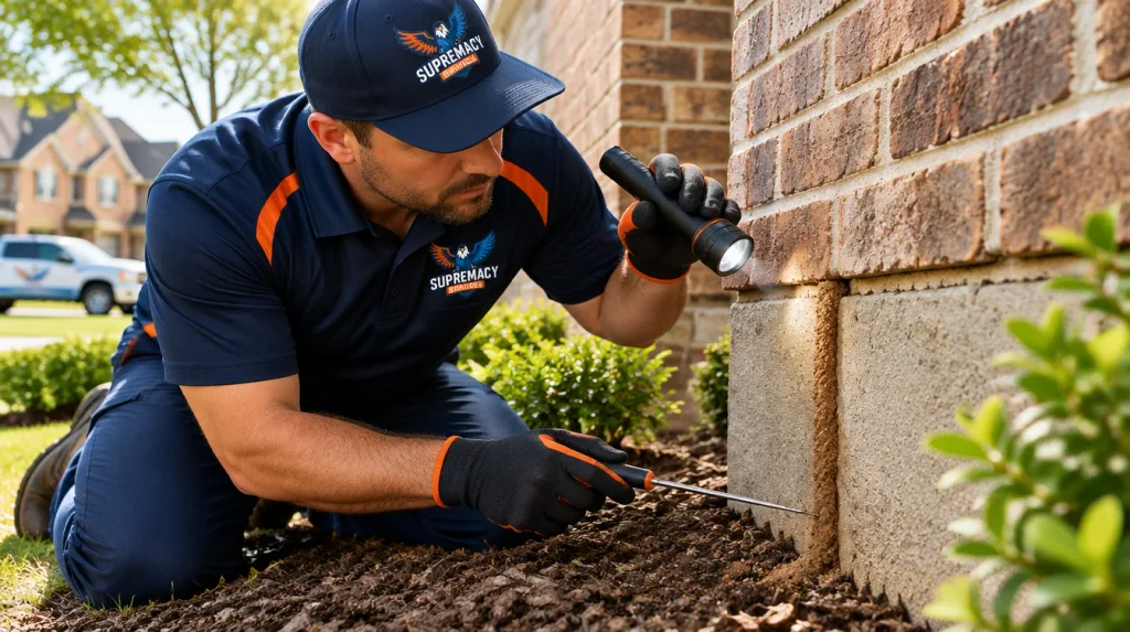 Supremacy Services technician inspecting a termite mud tube on a Dallas home foundation