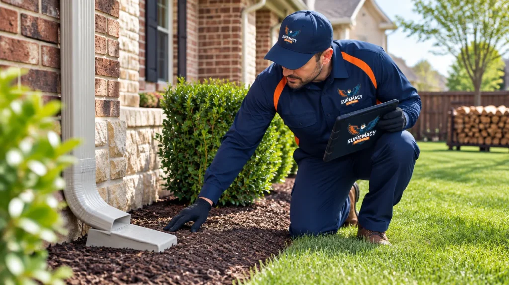 Technician inspecting drainage and foundation conditions to reduce termite risk at a North Texas home