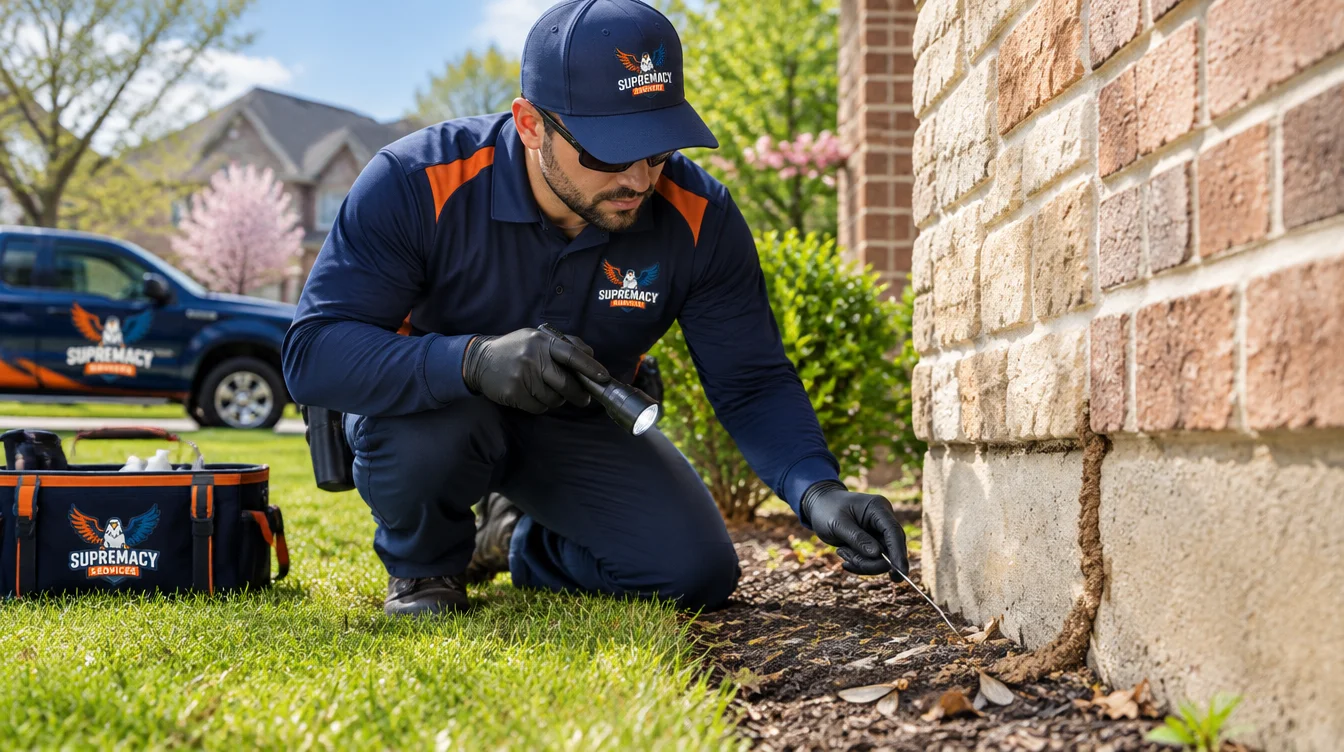Pest control technician inspecting a Dallas-area home foundation during termite season in North Texas