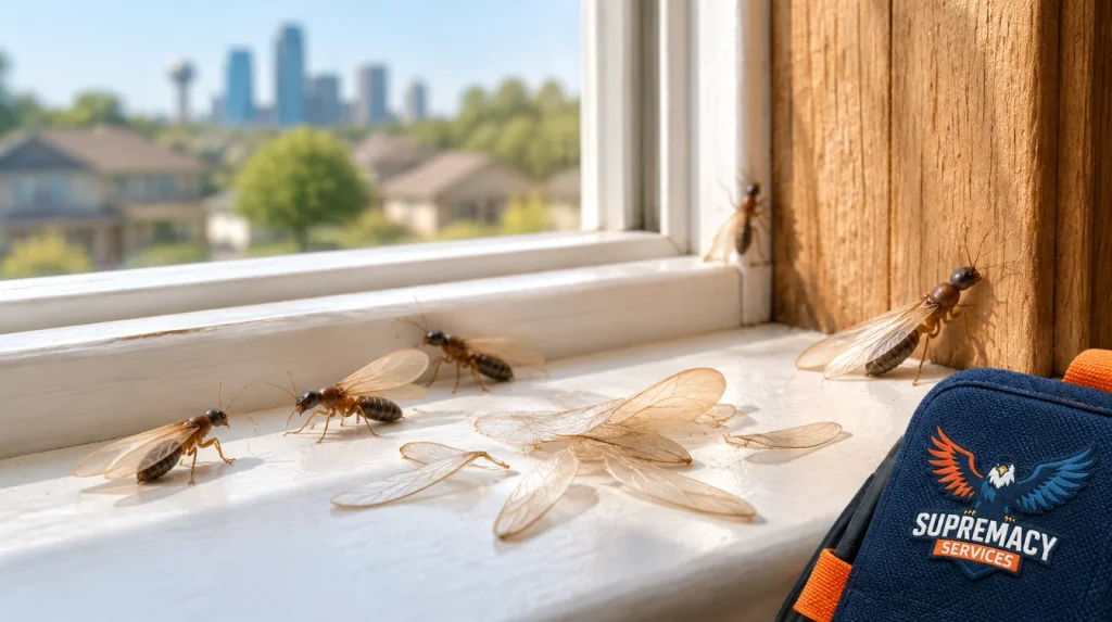 Termite swarmers and discarded wings on a windowsill inside a North Texas home