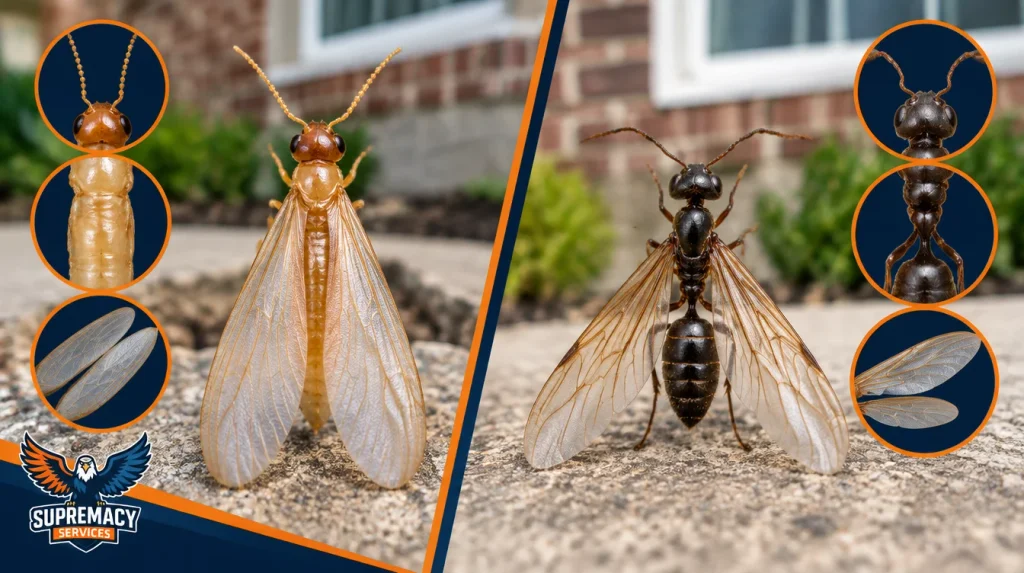 Side-by-side comparison of a termite swarmer and flying ant showing differences in wings, antennae and body shape