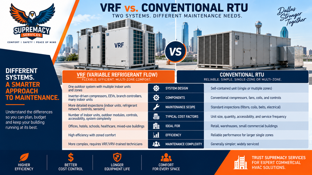VRF HVAC system compared with a conventional rooftop unit for commercial building maintenance