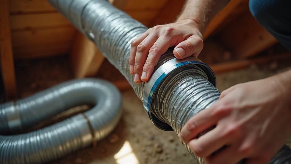 Technician securing loose flex duct that causes attic noise