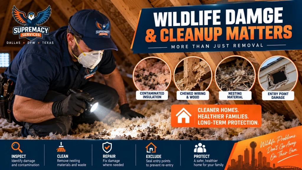 Wildlife technician inspecting damaged attic insulation, nesting material and possible animal contamination