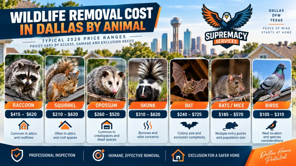 2026 Dallas wildlife removal cost comparison for raccoons, squirrels, opossums, skunks, bats, rodents and birds