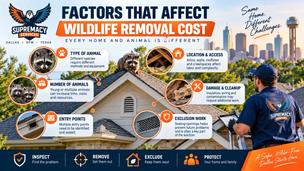 Factors affecting wildlife removal cost including animal type, attic access, entry points, damage and exclusion work