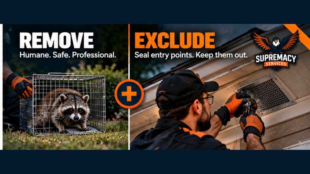 Professional raccoon removal and wildlife exclusion work sealing an entry point on a Dallas home