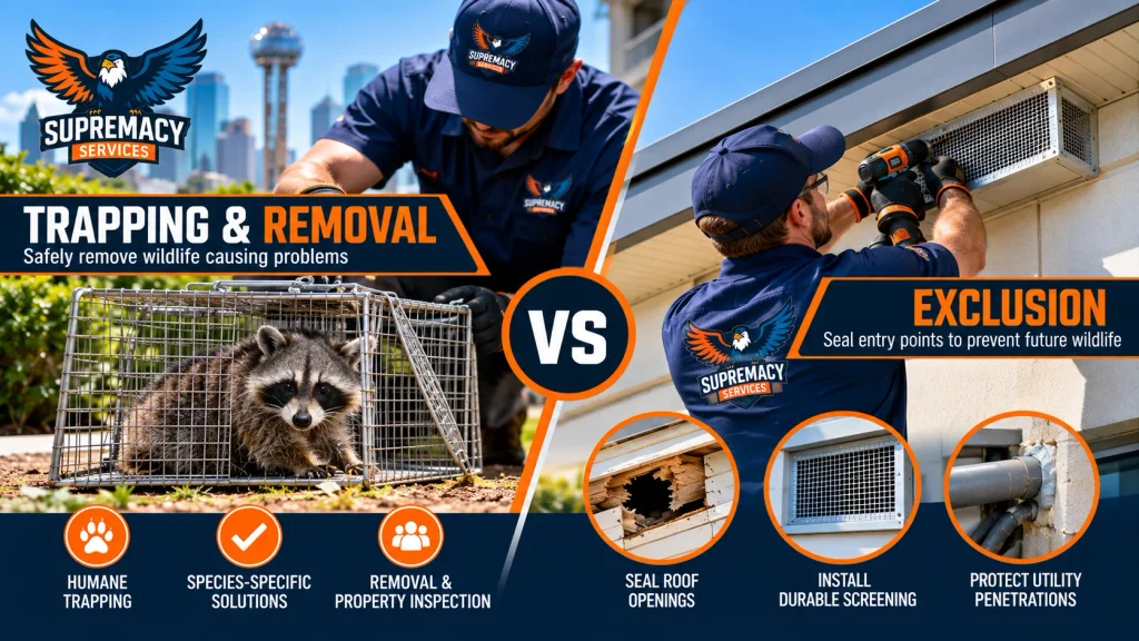 Wildlife trapping and removal compared with exclusion and entry-point sealing at a commercial property