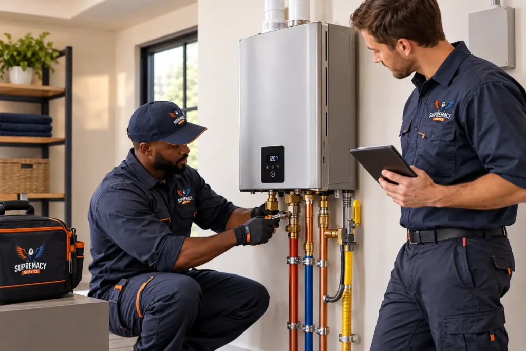 An image of technicians doing Tankless water heating solutions