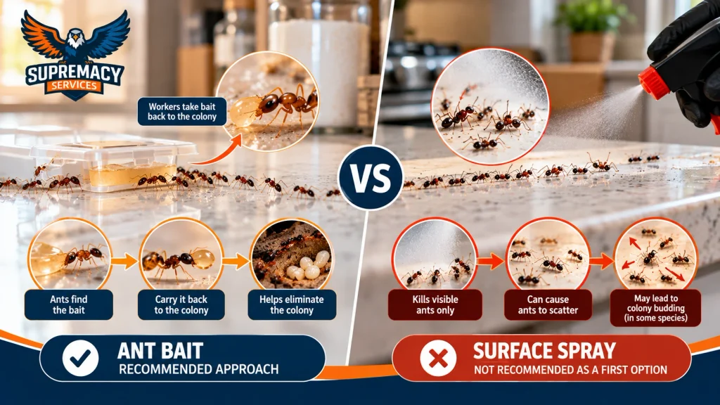 Comparison showing ant bait carried toward a colony versus surface spray affecting visible ants.