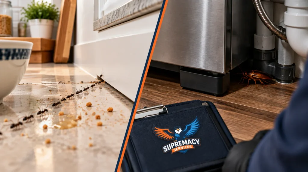 Ant trail near a kitchen baseboard and cockroach hiding near appliances and plumbing in a North Texas home