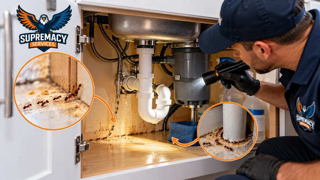 Pest-control technician inspecting ants, moisture and plumbing openings beneath a kitchen sink.