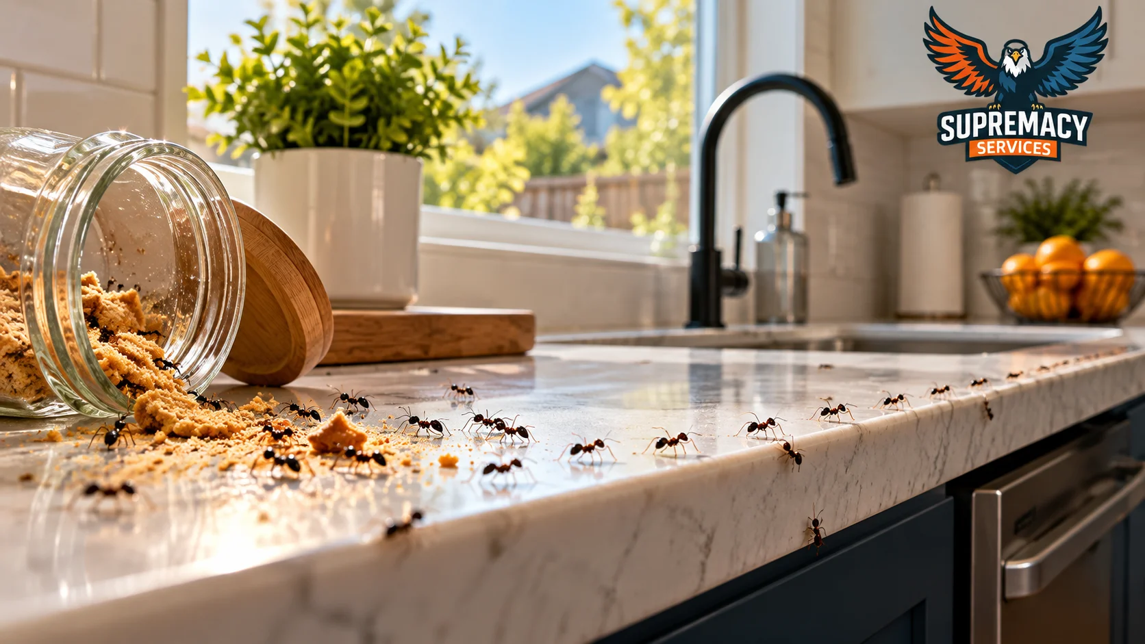 Ant trail following food crumbs across a kitchen counter in a Dallas-area home