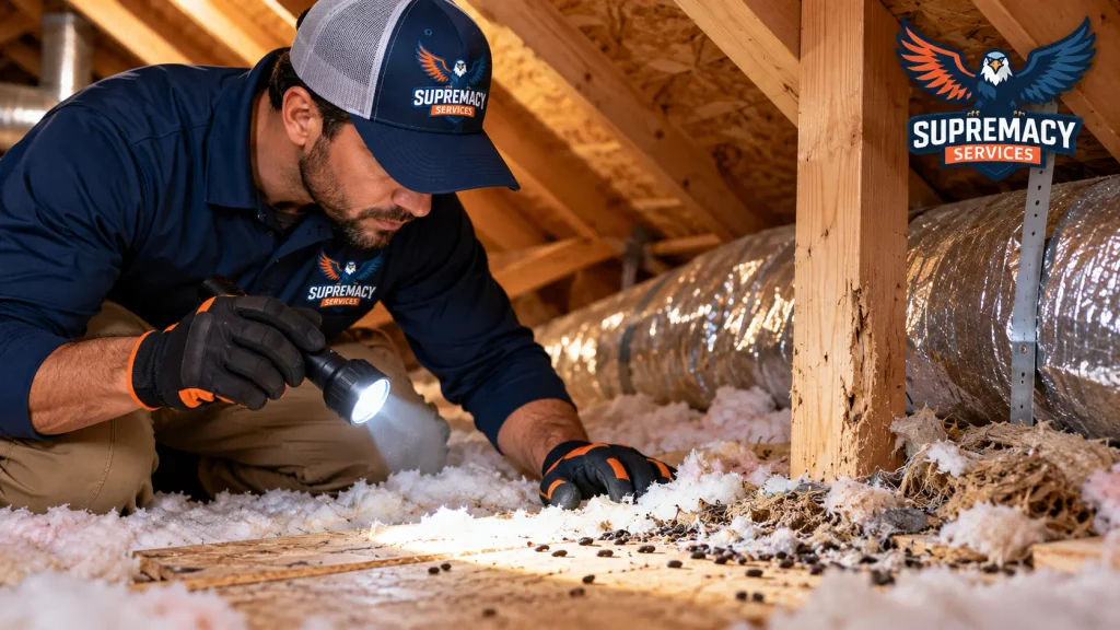 Supremacy Services technician inspecting attic insulation and structural areas for rodent activity