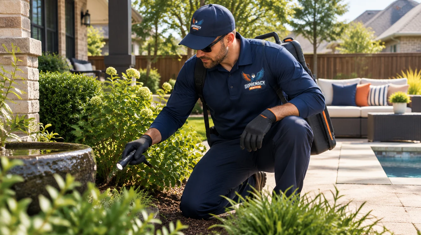 Supremacy Services technician inspecting a Dallas backyard for mosquito activity