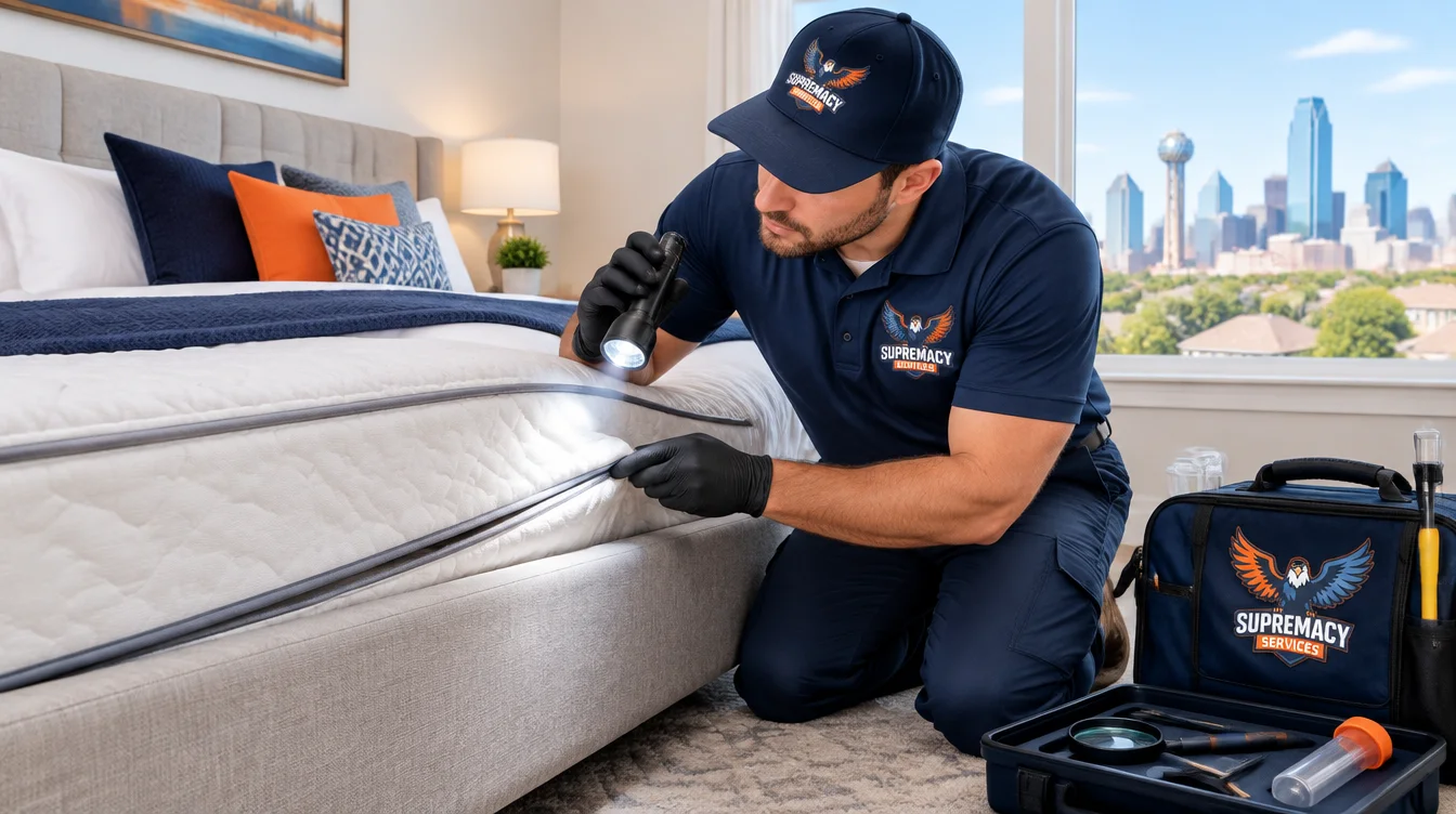 Supremacy Services technician inspecting a mattress for signs of bed bugs in a North Texas home