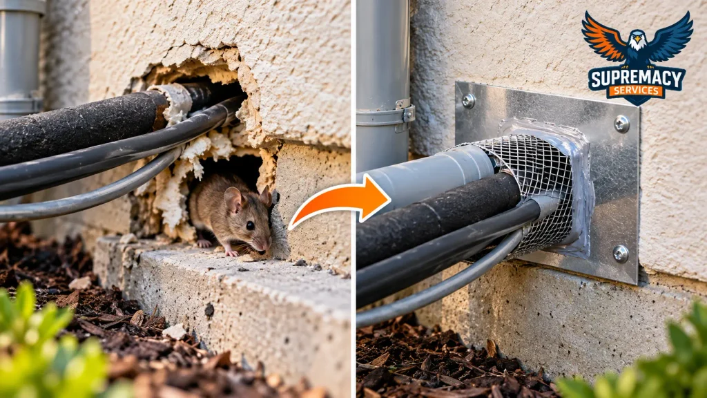 Rodent entry gap around utility pipes before and after a professional exclusion repair