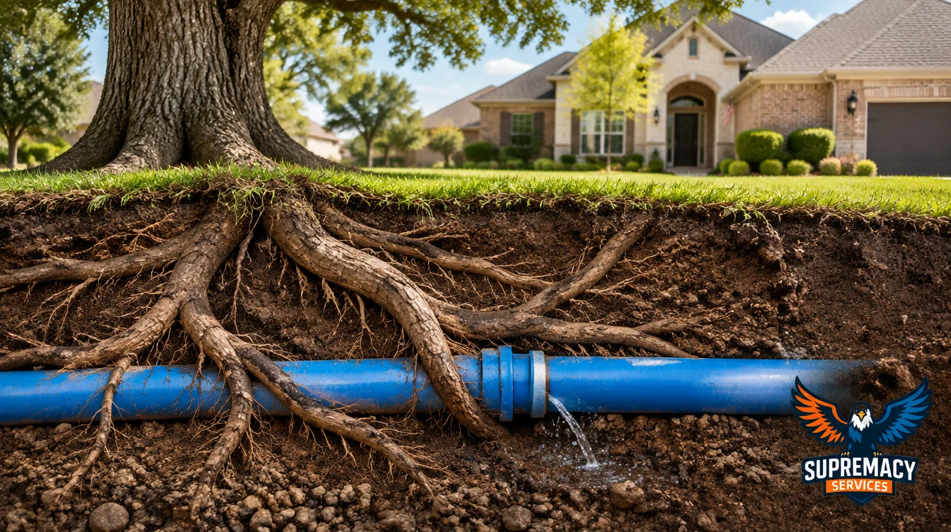 Underground tree roots growing near a residential water supply pipe beneath a Dallas home.
