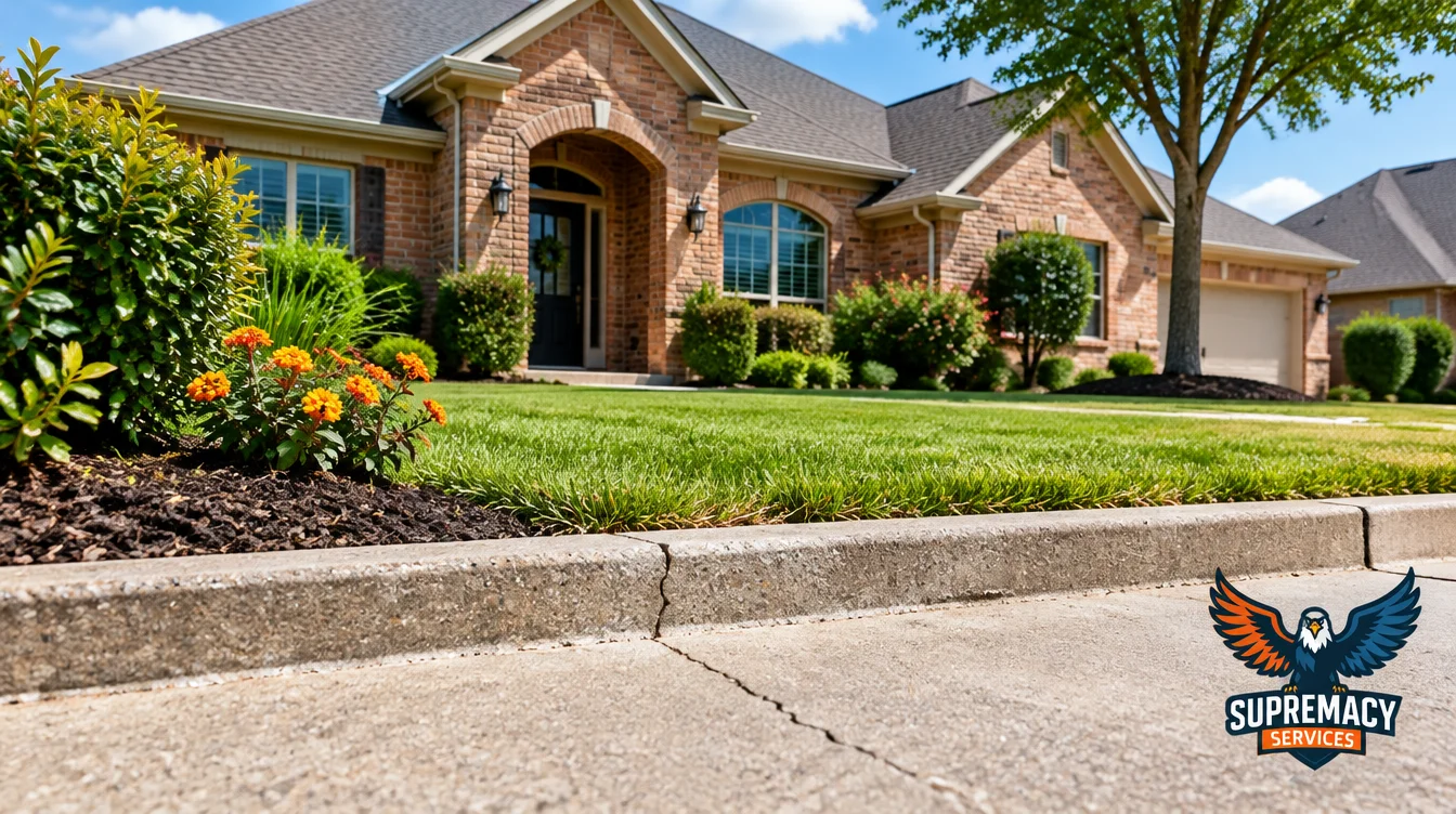 Dallas brick home with a visible concrete slab foundation and a small foundation crack.