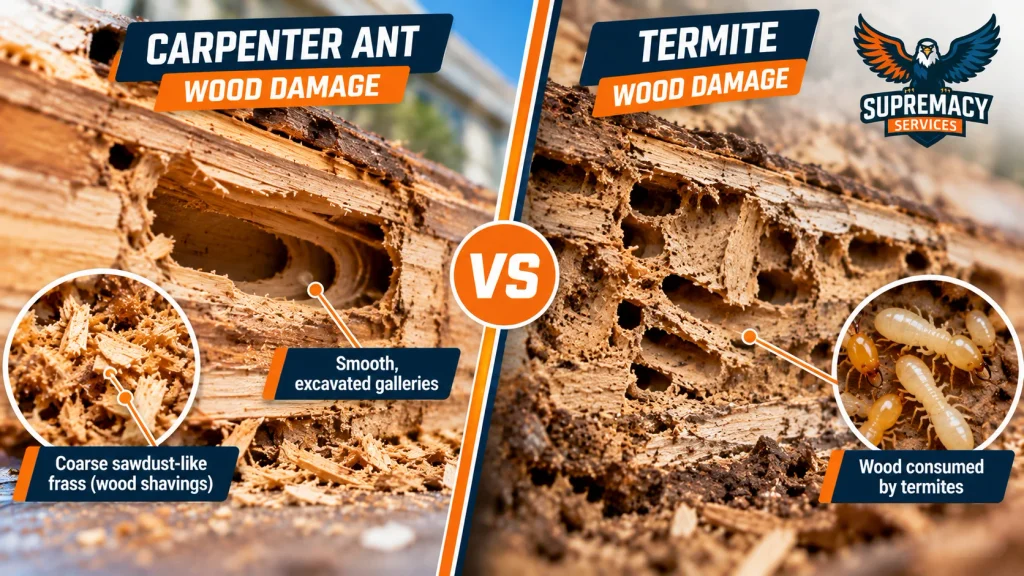 Smooth carpenter ant galleries and wood shavings compared with termite-damaged wood