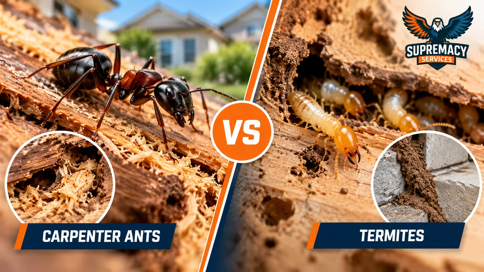 Carpenter ant beside wood shavings compared with termites inside damaged wood