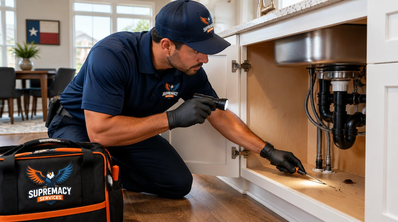 Pest control technician inspecting a North Texas kitchen for cockroach activity