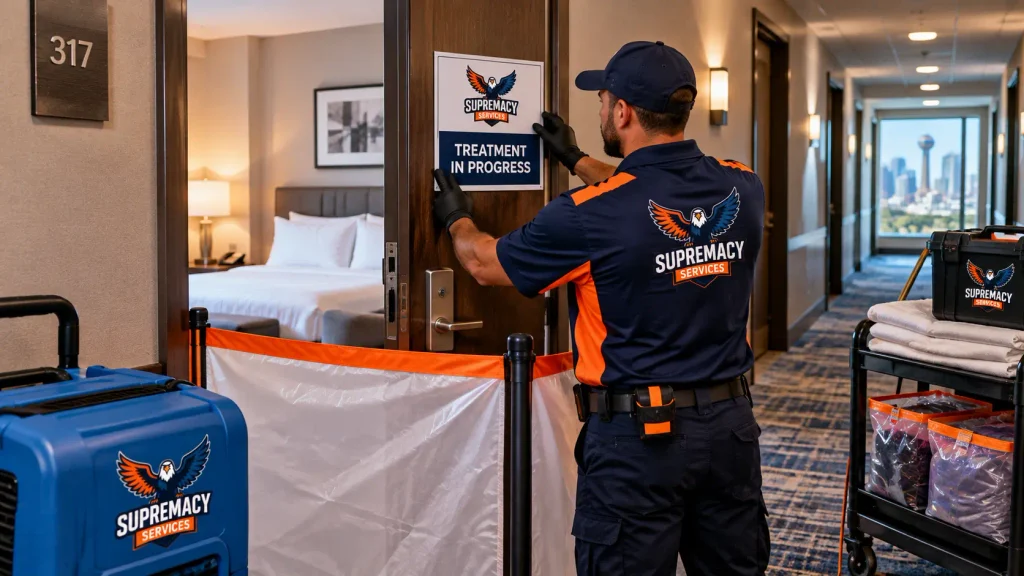 Supremacy Services technician isolating a hotel room during commercial bed bug treatment